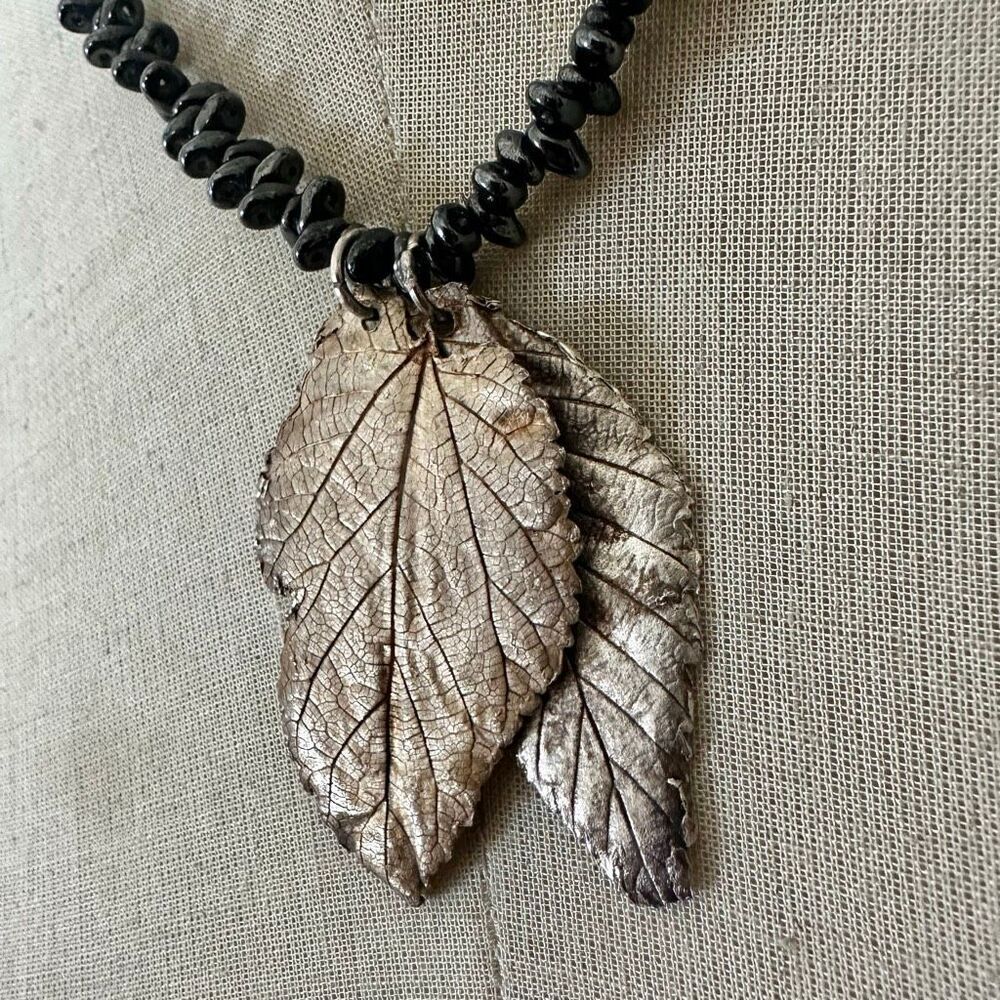 Artisan Hematite Bead Necklace with Electroplated Leaf Pendant - Picture 5 of 13